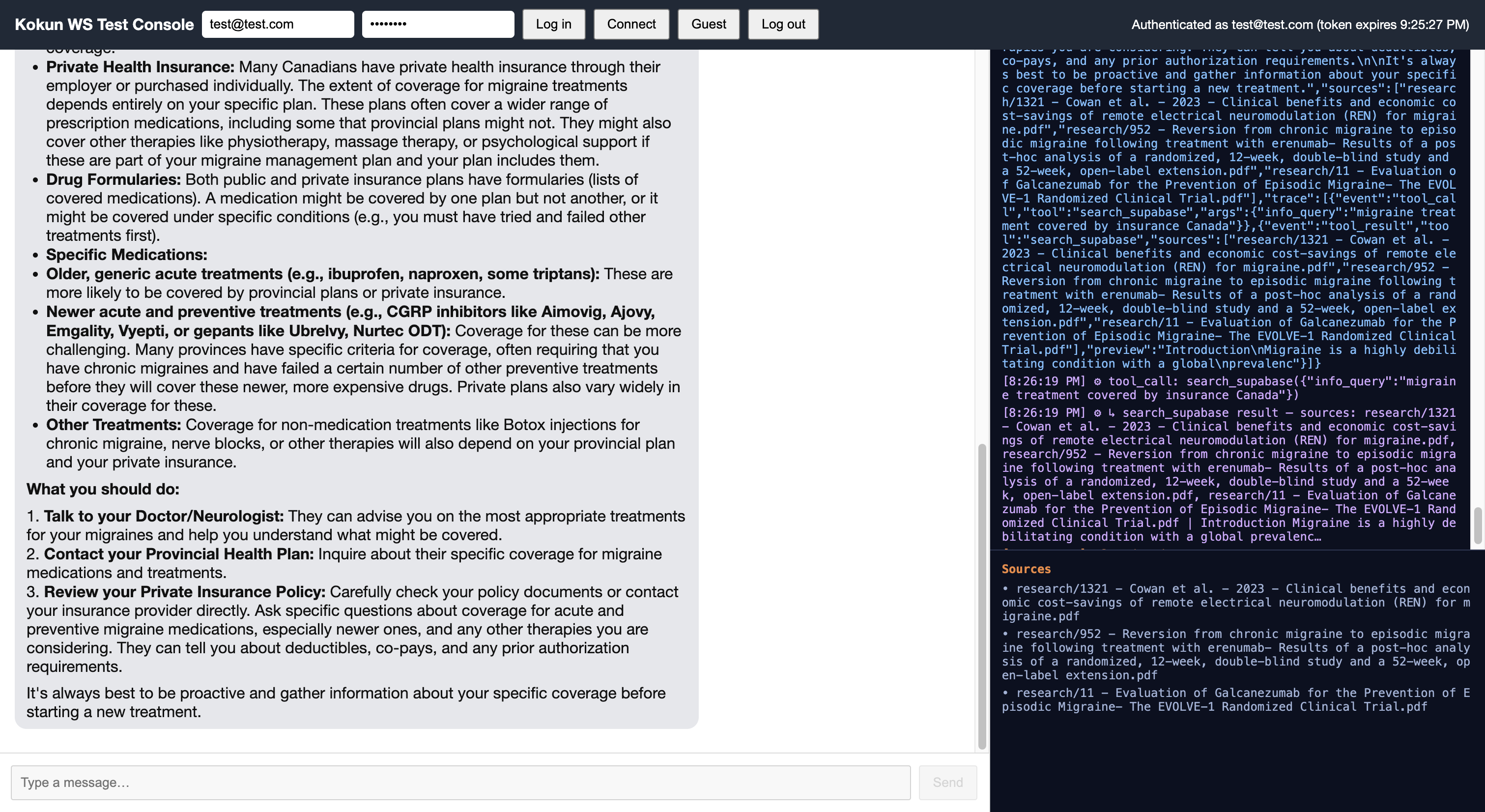Test console: the model's answer on the left contains no citations, while the right side shows the retrieval trace and a Sources panel populated out-of-band with the actual document names